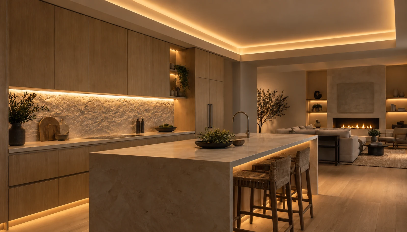 Illustrative kitchen with warm cove, cabinet toe-kick, and island accent lighting highlighting oak, stone, and the floor.
