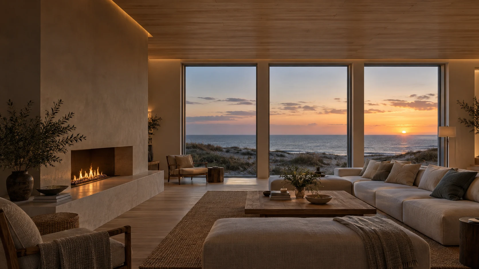 Imagined coastal living room with warm architectural light and three balanced window bays