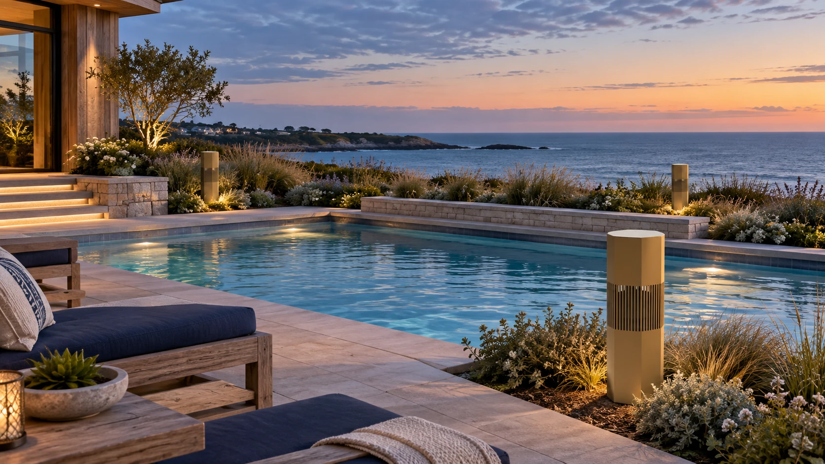 Illustrative oceanfront pool terrace at dusk with bollard speakers and warm step and landscape lighting.