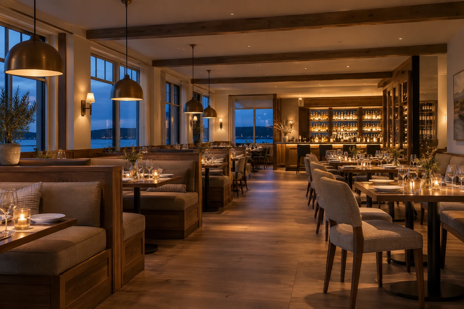 Imagined restaurant interior with warm, layered light and oak banquettes