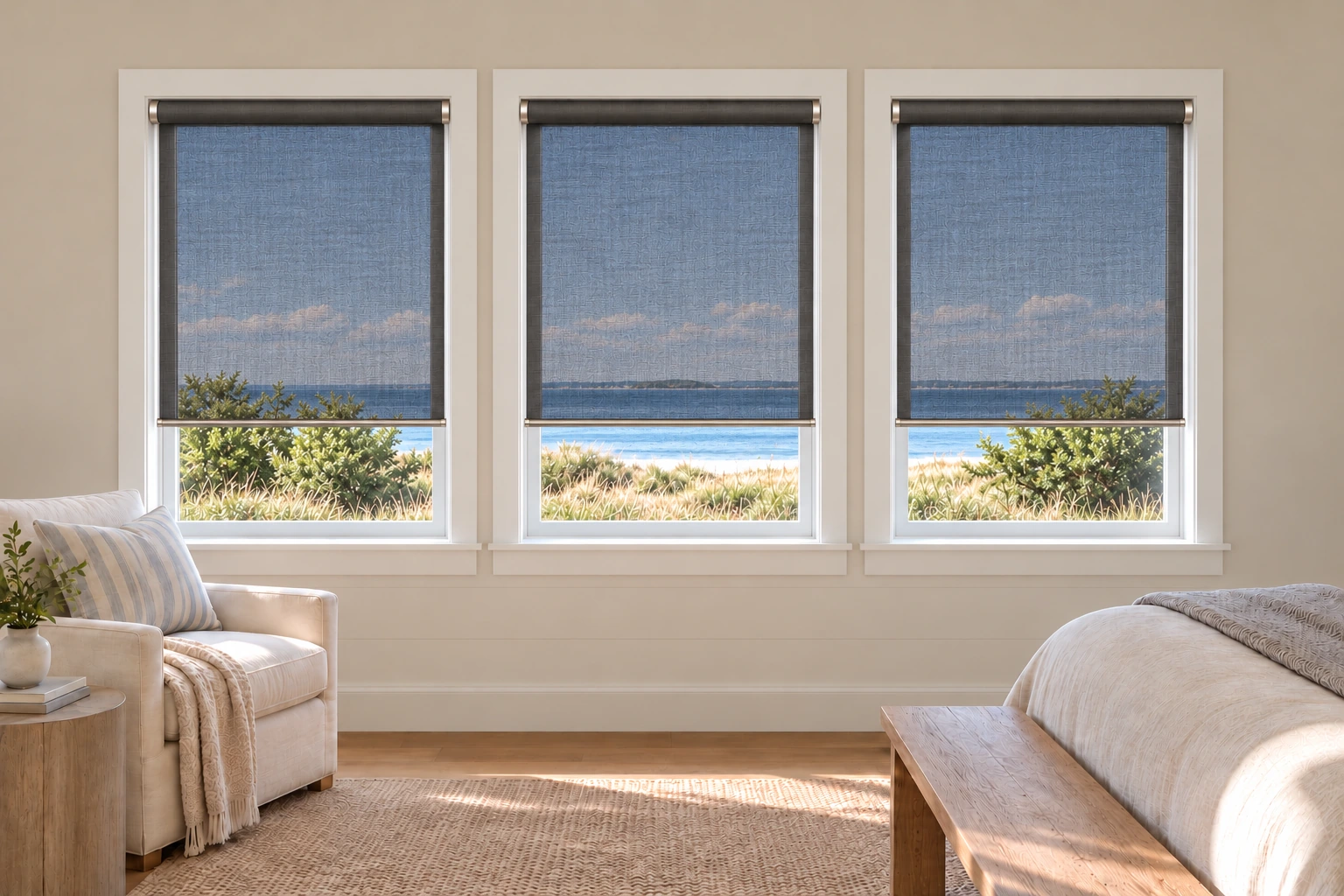 Illustrative coastal bedroom with three matching charcoal view-through roller shades and a continuous ocean view.