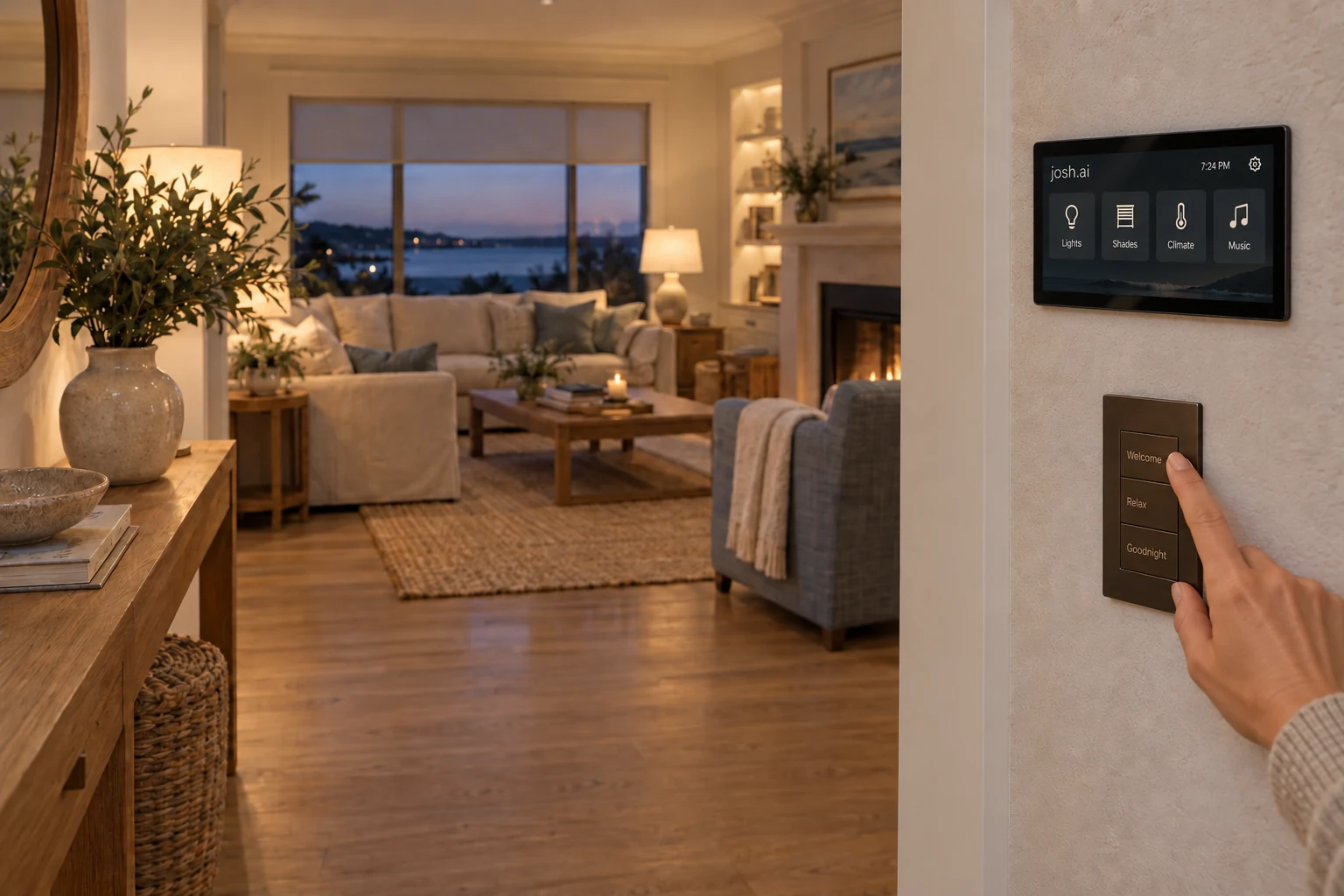 Illustrative entry with a Josh.ai-style wall touchscreen, a Palladiom-style scene keypad, and a warmly lit living space beyond.
