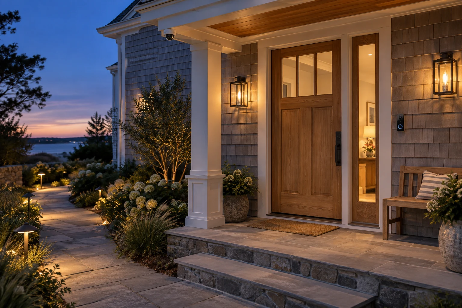 Illustrative welcoming home entrance with discreet video doorbell, security camera, and softly lit approach.