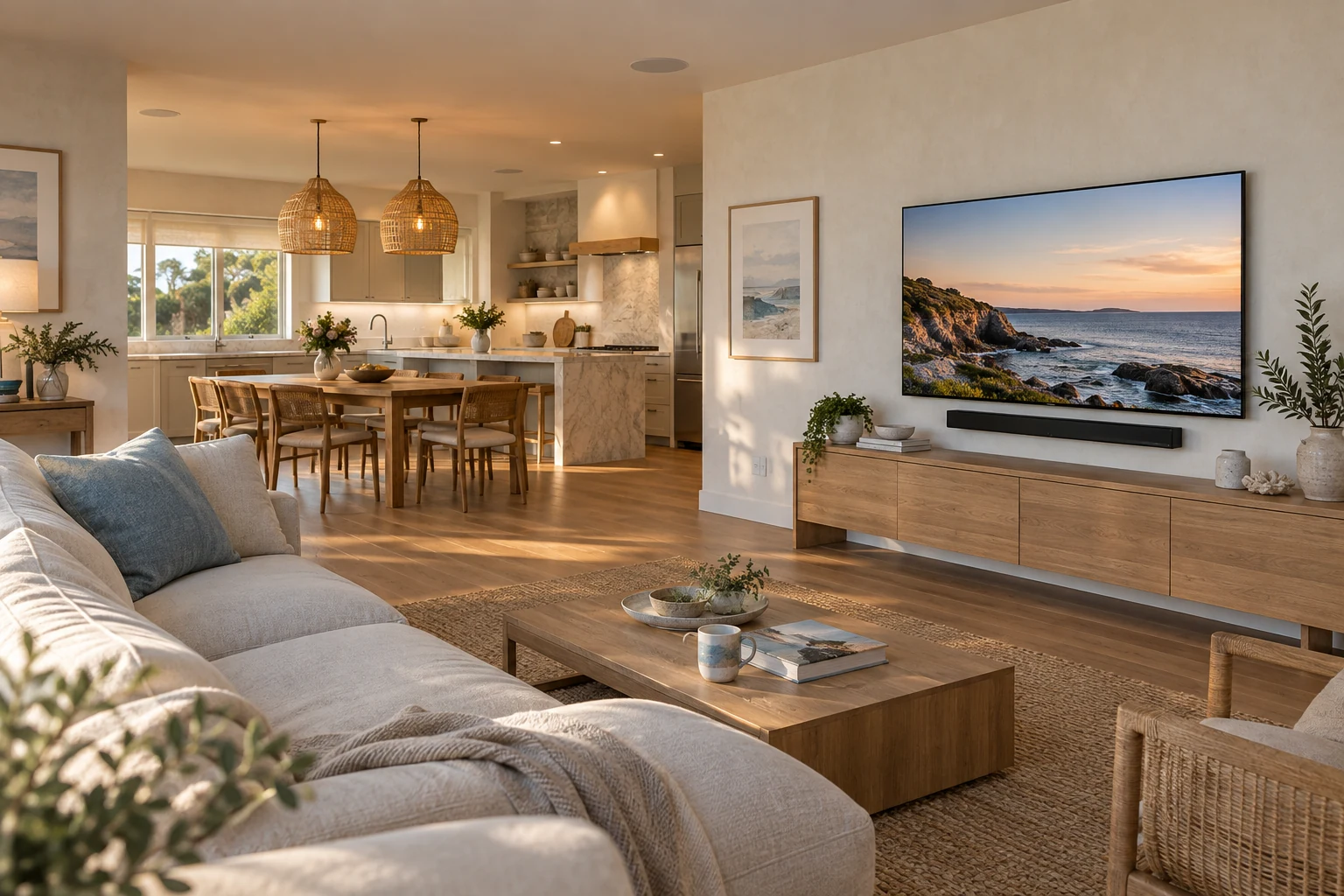 Illustrative open-plan living room with a television, discreet soundbar, and ceiling speakers beside the kitchen.